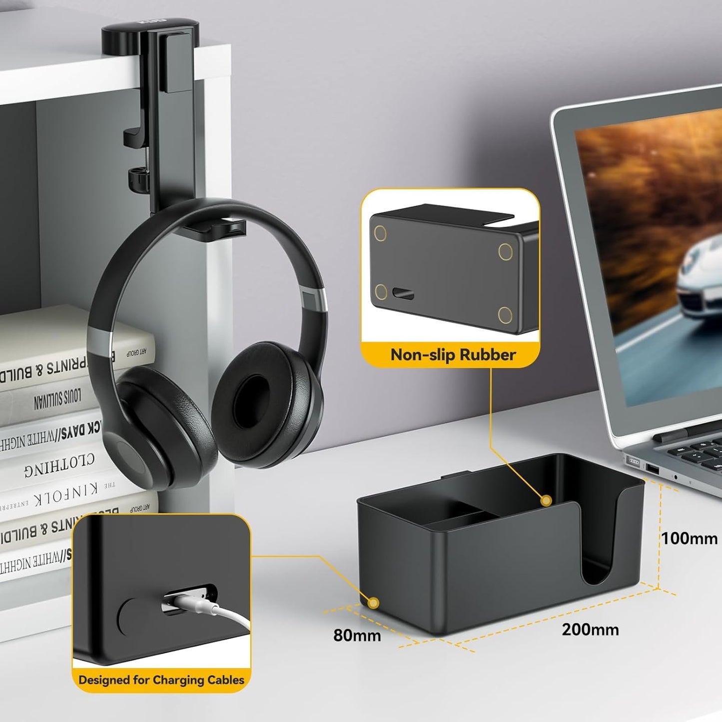 KDD 4 in 1 Desk Organizer - Under Desk Headphone Hook with 2 Wire Holes - Rotating Headphone Hanger and Detachable Storage for Cup, Phone and Pen(Black)