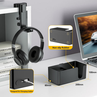 KDD 4 in 1 Desk Organizer - Under Desk Headphone Hook with 2 Wire Holes - Rotating Headphone Hanger and Detachable Storage for Cup, Phone and Pen(Black)