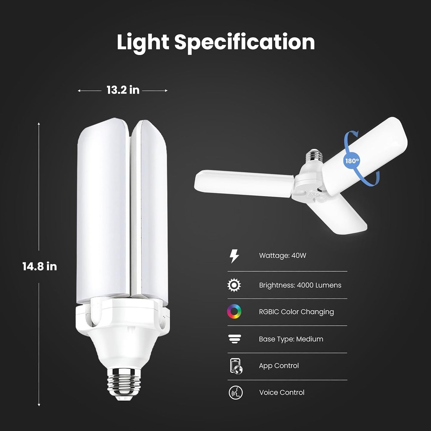 Feit Electric Smart LED Garage Light, RGBW 3 Panel, WiFi 2.4GHz, Screw-in LED Shop Light Bulb, Works with Alexa and Google Home Assistant, E26, 4000 Lumens, Garage Ceiling Light, ADJ4000/RGBW/LED/AG