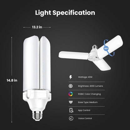 Feit Electric Smart LED Garage Light, RGBW 3 Panel, WiFi 2.4GHz, Screw-in LED Shop Light Bulb, Works with Alexa and Google Home Assistant, E26, 4000 Lumens, Garage Ceiling Light, ADJ4000/RGBW/LED/AG