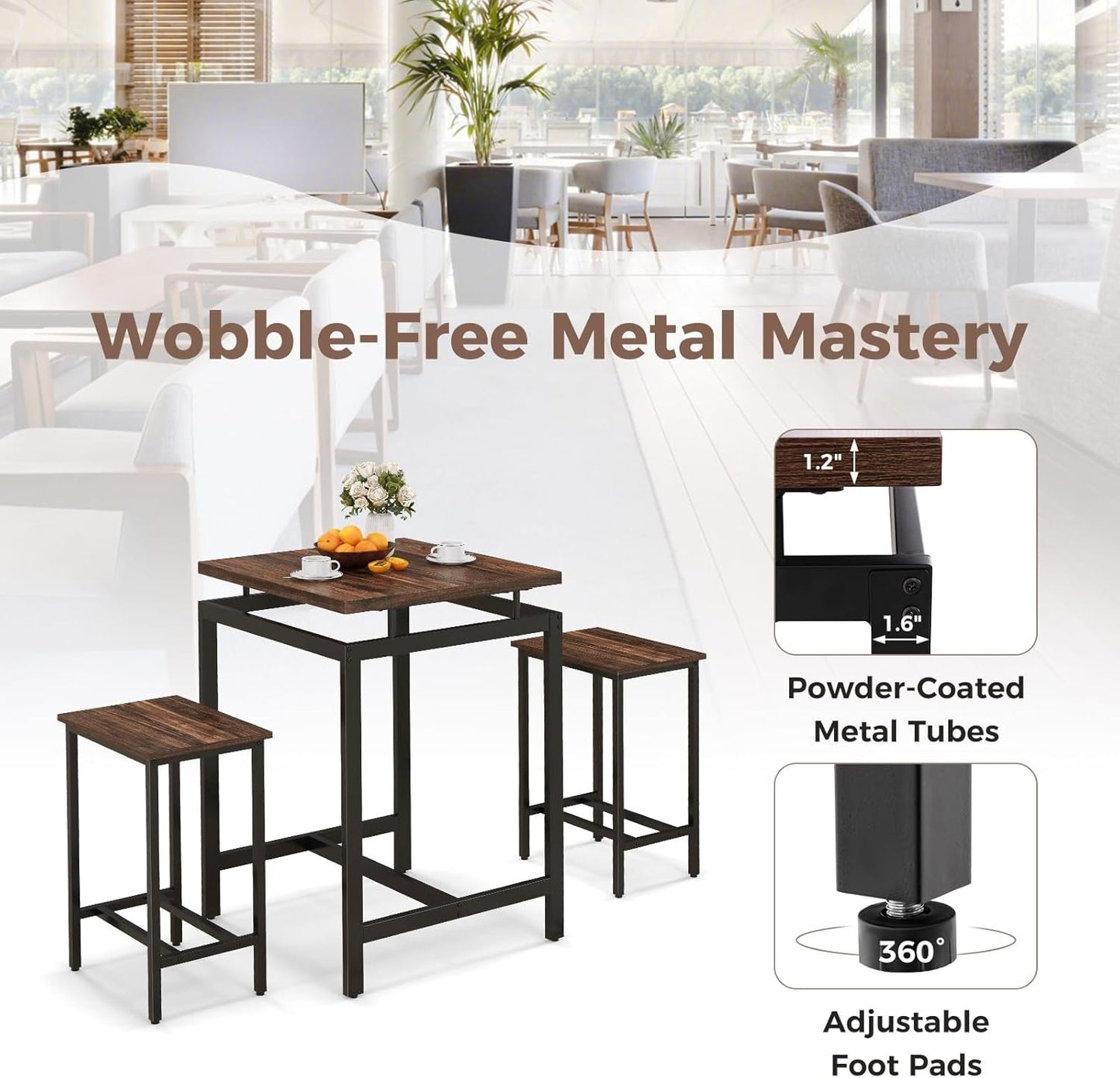 Giantex Small Dining Table Set for 2 - Counter Height Table Set with 2 Stools, Floating Tabletop, Footrest, Metal Frame, Breakfast Nook Table Set for Apartment, Kitchen Table Chairs Set of 2, Brown