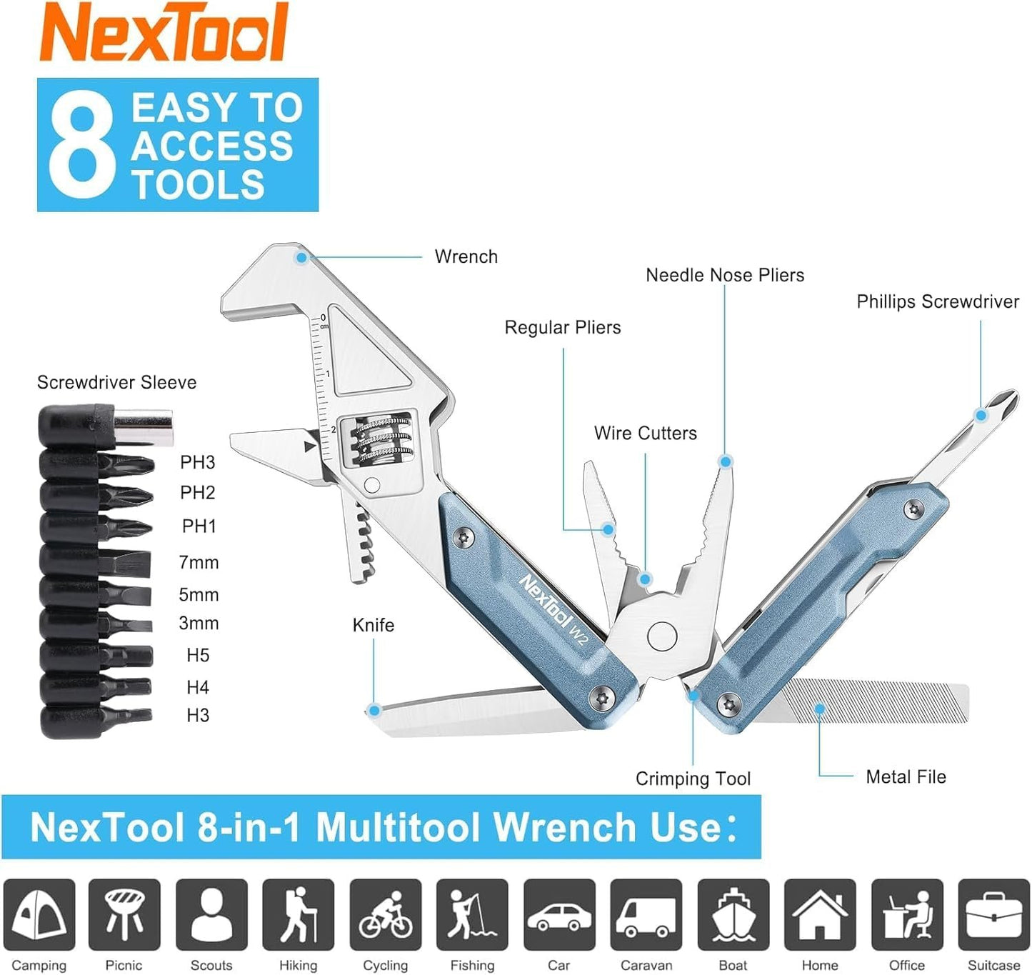 NexTool W2，8-in-1 Adjustable Multi-Wrench with Adjustable Wrench, Multi-Purpose Pliers, Small Folding Knife, Screwdriver, and File with 9-in-1 Bit Set for Outdoor Activities and Men's Gifts