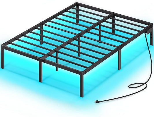 Rolanstar Bed Frame with USB Charging Station, Queen Bed Frame with LED Lights, Platform Bed Frame with Heavy Duty Steel Slats, 14" Storage Space Beneath Bed, No Box Spring Needed, Noise Free, Black