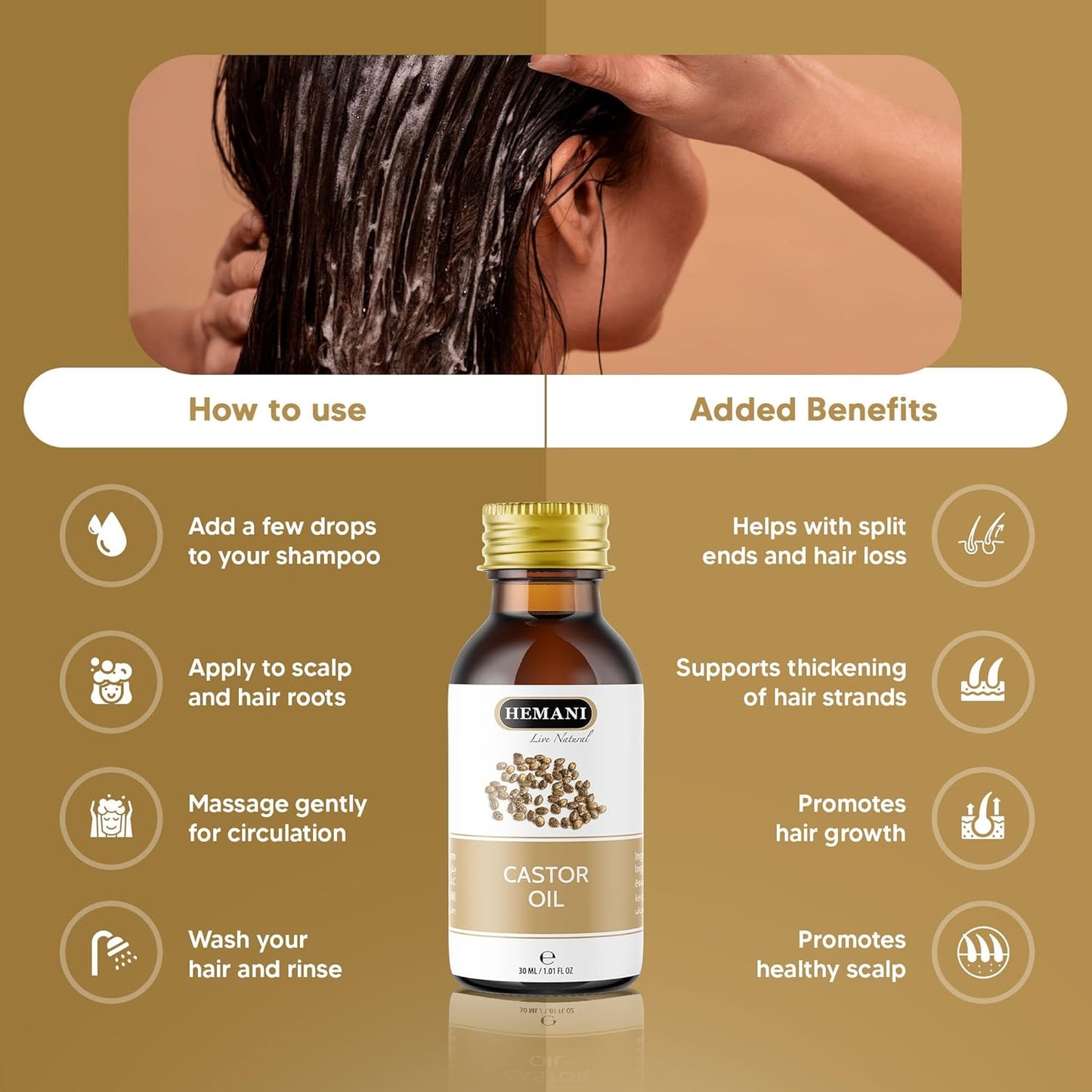 Hemani Castor Oil Ricinus communis - 30mL | Natural Skin & Hair Care, Pure Cold-Pressed Oil for Radiant Glow, Anti-Aging, Hydration & Wellness.