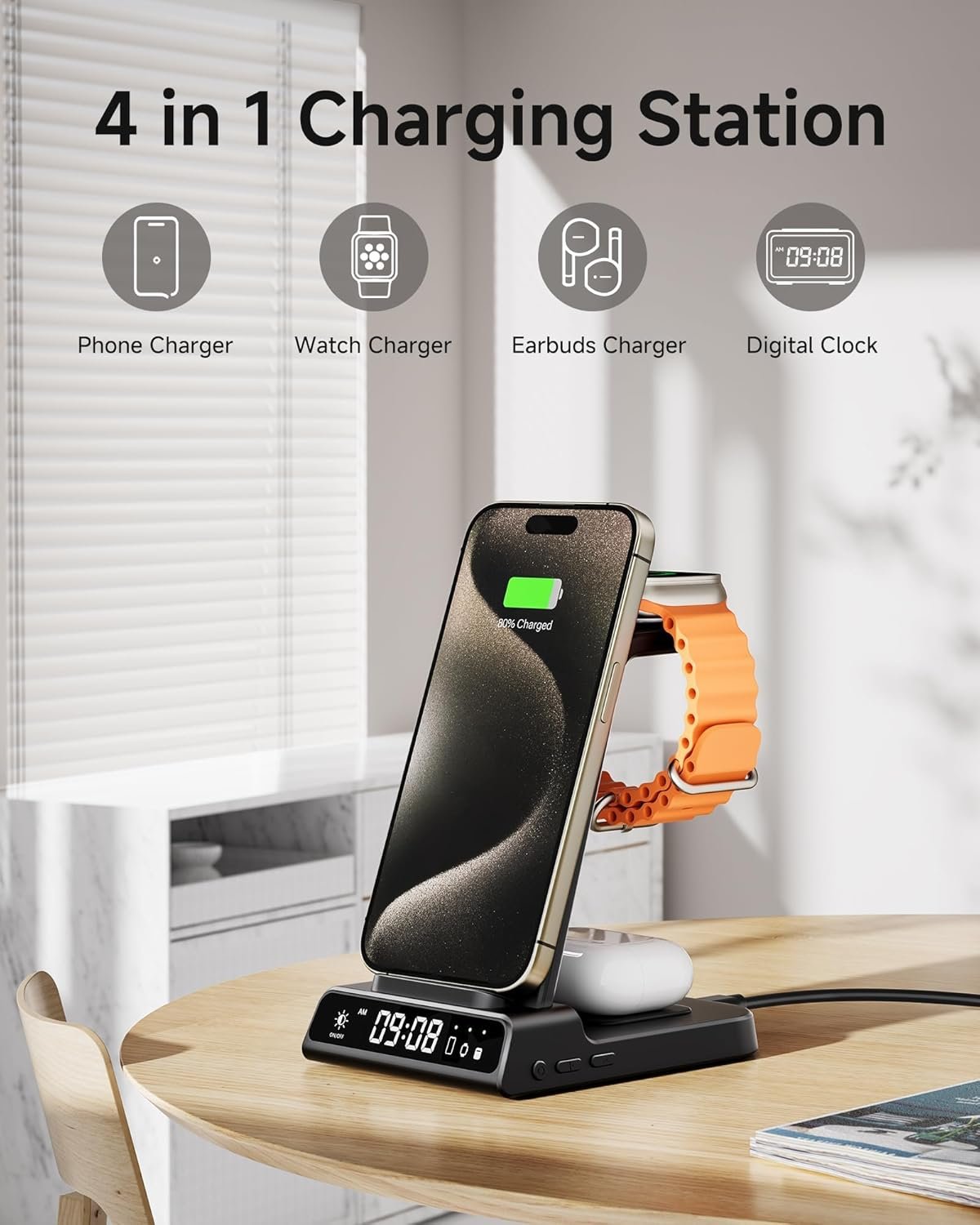 Wireless Charger Stand for iPhone, 3 in 1 Charging Station for Apple Watch Ultra 2/Ultra/10/9/8/7/6/5, Charger Dock with Clock for iPhone 16 15 14 13 12 11 X Pro Max, AirPods 4/3/Pro(No Adapter)