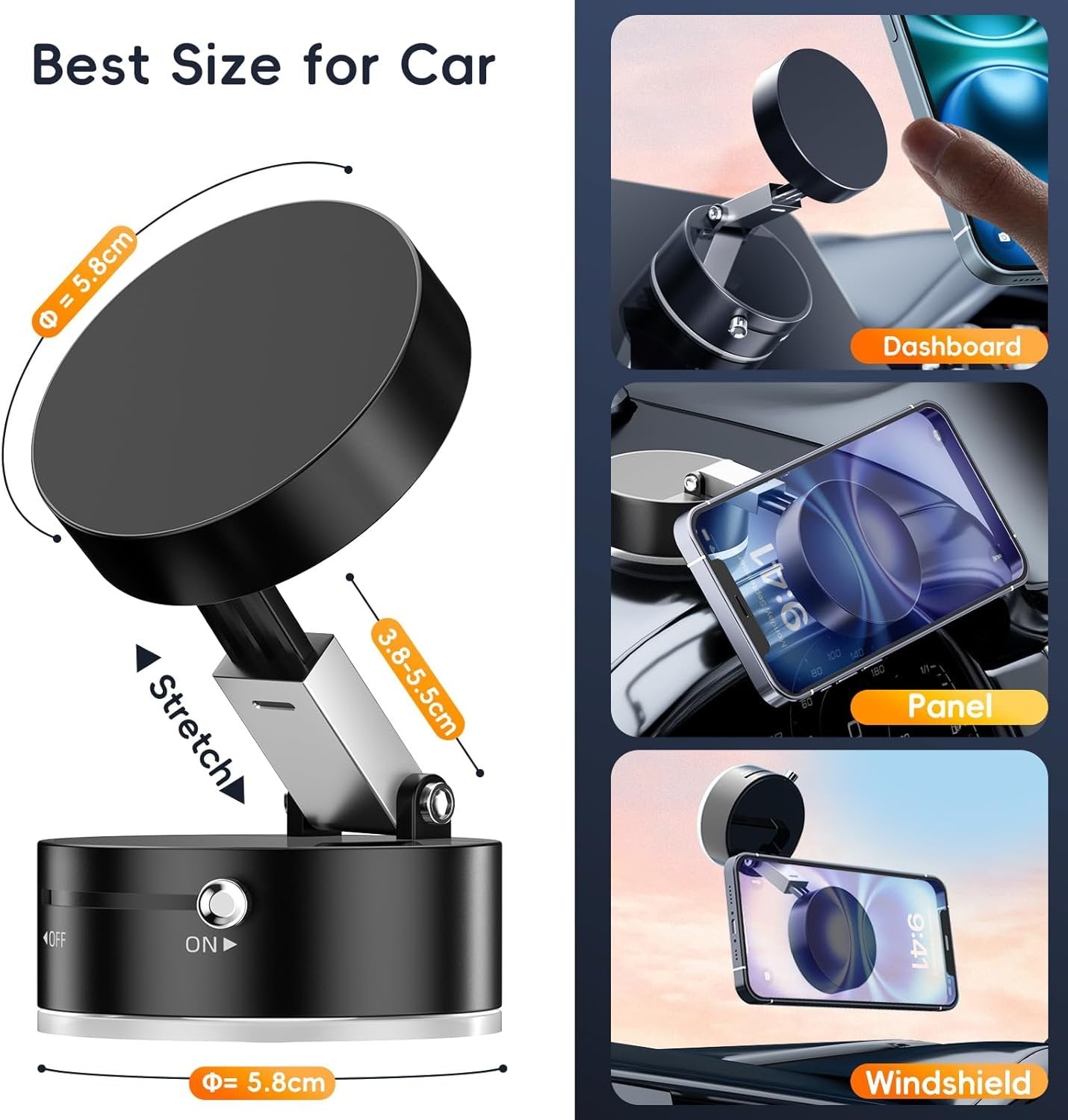 YaCeSyn Vacuum Magnetic Phone Holder, Foldable & Retractable Magnetic Suction Cup Phone Mount, Double-Sided Magnetic Phone Stand for Car/Gym/Mirror/Shower,Compatible with iPhone 16/15/14/13/12