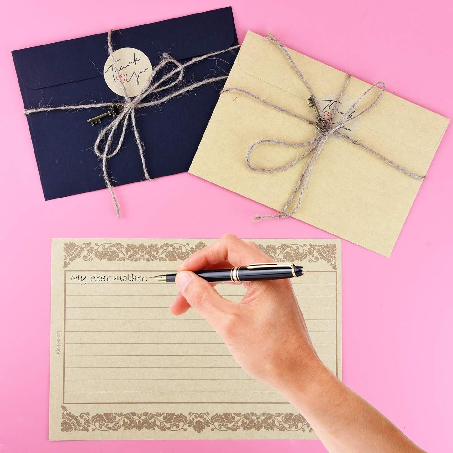 Dxhycc Vintage Stationary Paper and Envelopes Set, Aged Paper Writing Paper Stationery Set, 28 Sheets of Vintage Letter Papers, 14 Envelopes, 6 Hemp Ropes, 6 Retro Keys, 18 Sealing Stickers