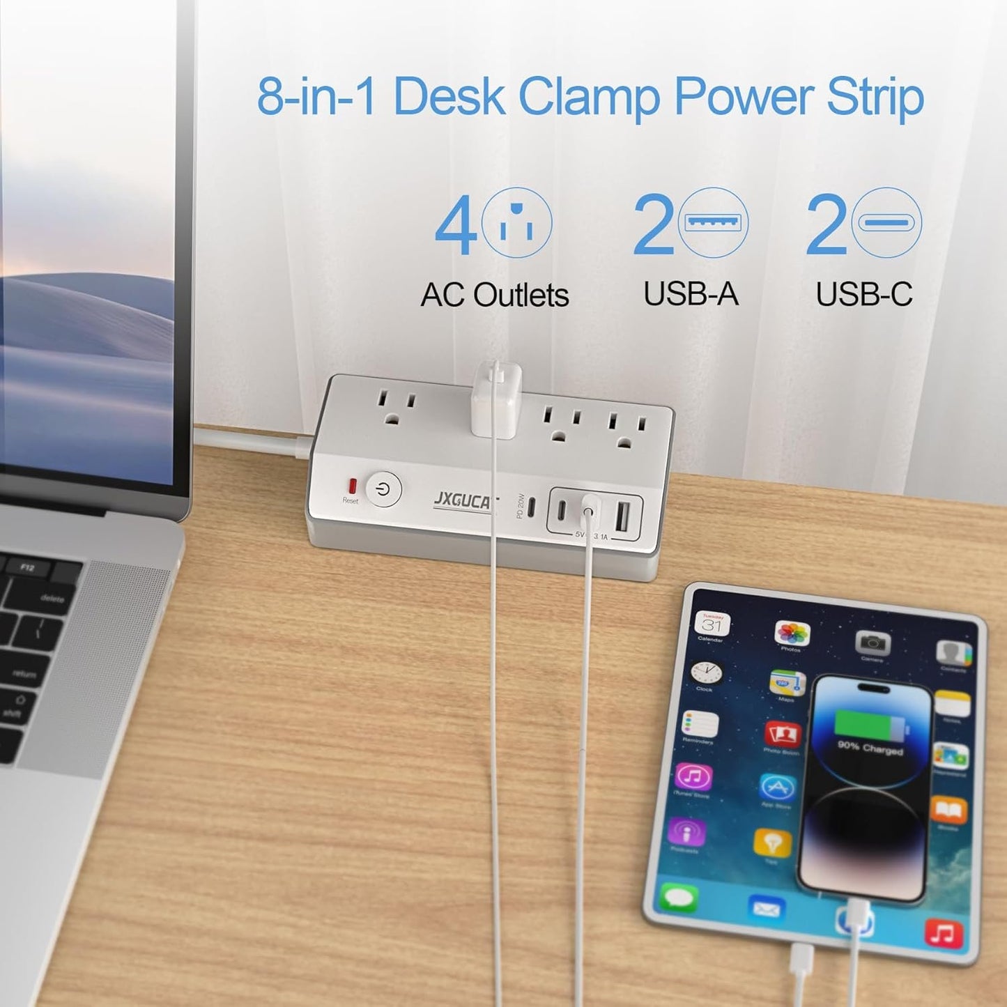 PD 20W USB C Desk Clamp Power Bar, JXGUCAT Removable Fast Charging Desktop Edge Power Strip Surge Protector, 10ft Extension Cord Flat Plug with 4 Outlet 4 USB Ports, Fit 1.8" Tabletop Edge