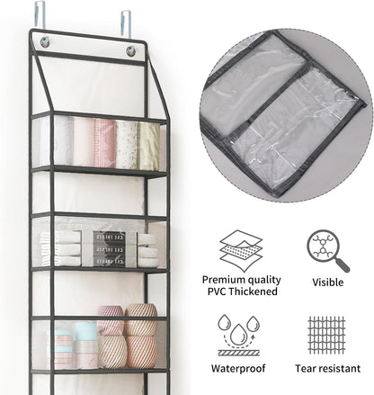 Fixwal Over The Door Hanging Pantry Organizer 5-Shelf Room Organizer with Clear Plastic Pockets Behind The Door Storage Organizer Large Capacity Organizer for Closet Bedroom Bathroom (Grey)