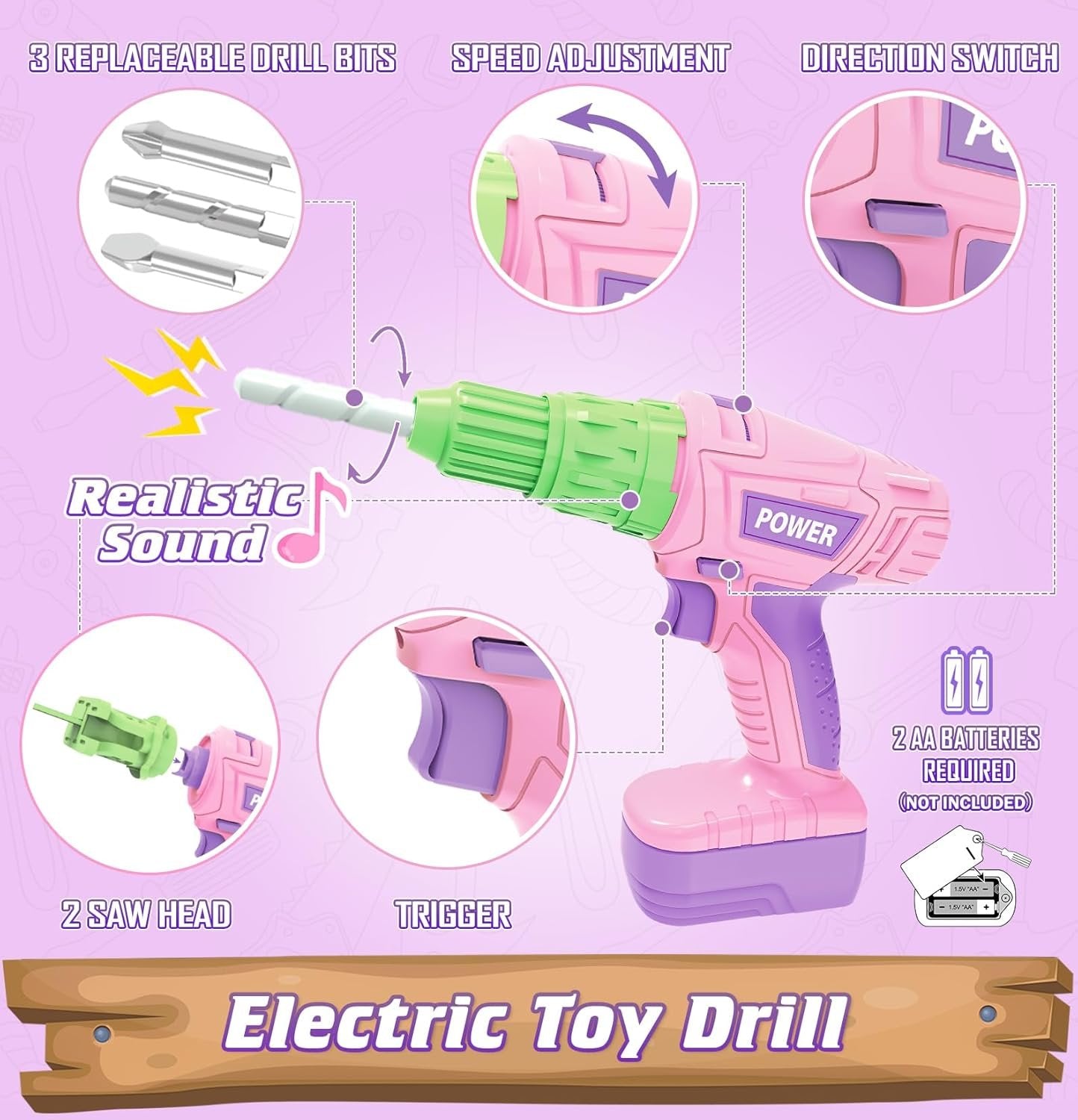 WishaLife Kids Tool Set - Pink Tool Set for Girls with Toy Chainsaw, Toy Drill, Construction Vest, Toddler Tool Set, Pretend Play Toy Tools Gift for Kids Ages 3 4 5 6 7 8 Years Old, OYG606-7