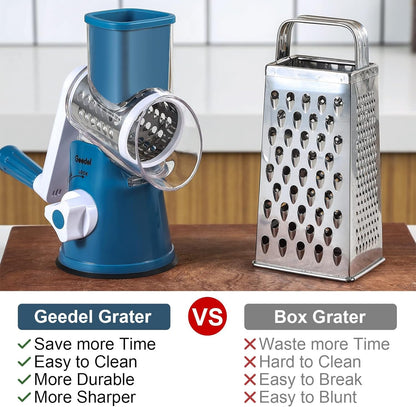 Geedel Rotary Cheese Grater, Kitchen Mandoline Vegetable Slicer with 3 Interchangeable Blades, Easy to Clean Rotary Grater Slicer for Fruit, Vegetables, Nuts