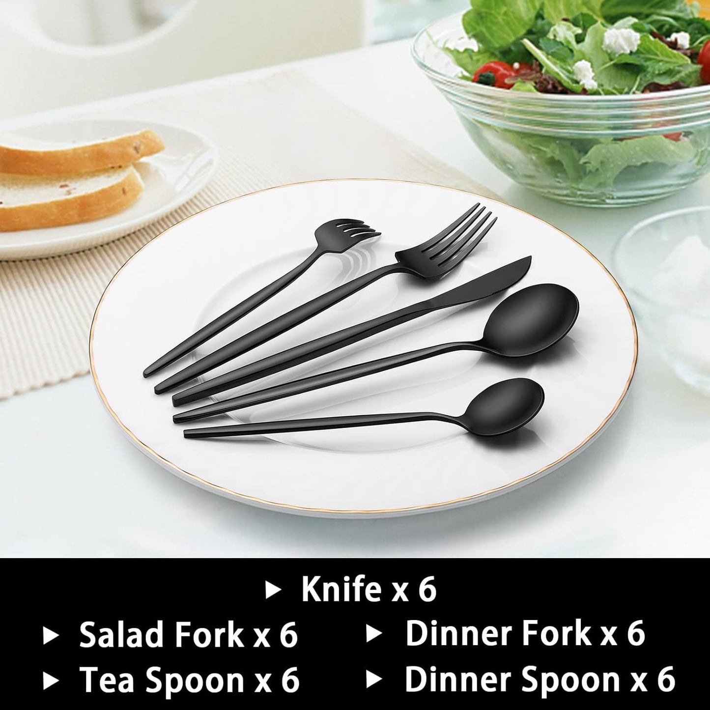 30-Piece Black Silverware Set, Flatware Set for 6, Food-Grade Stainless Steel Tableware Cutlery Set, Utensil Sets for Home Office Restaurant Hotel, Dishwasher Safe
