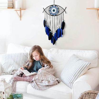 Dremisland Evil Eye Dream Catcher-Blue Black Dream Catchers Handmade Feather Evil Eye Wall Hanging Ornament Home Decor for Bedroom Livingroom Yard, Blessing Craft Gift Bring Good Luck (Blue-Black)