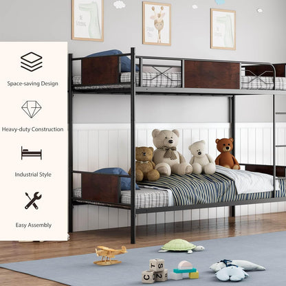 Giantex Metal Bed Frame, 2-in-1 Convertible Bed Single Over Single w/Ladder, Metal Slat Support, 30CM Safety Guardrails, Industrial Bed Frames with Anti-toppling Device, NO Box Spring Needed, Black