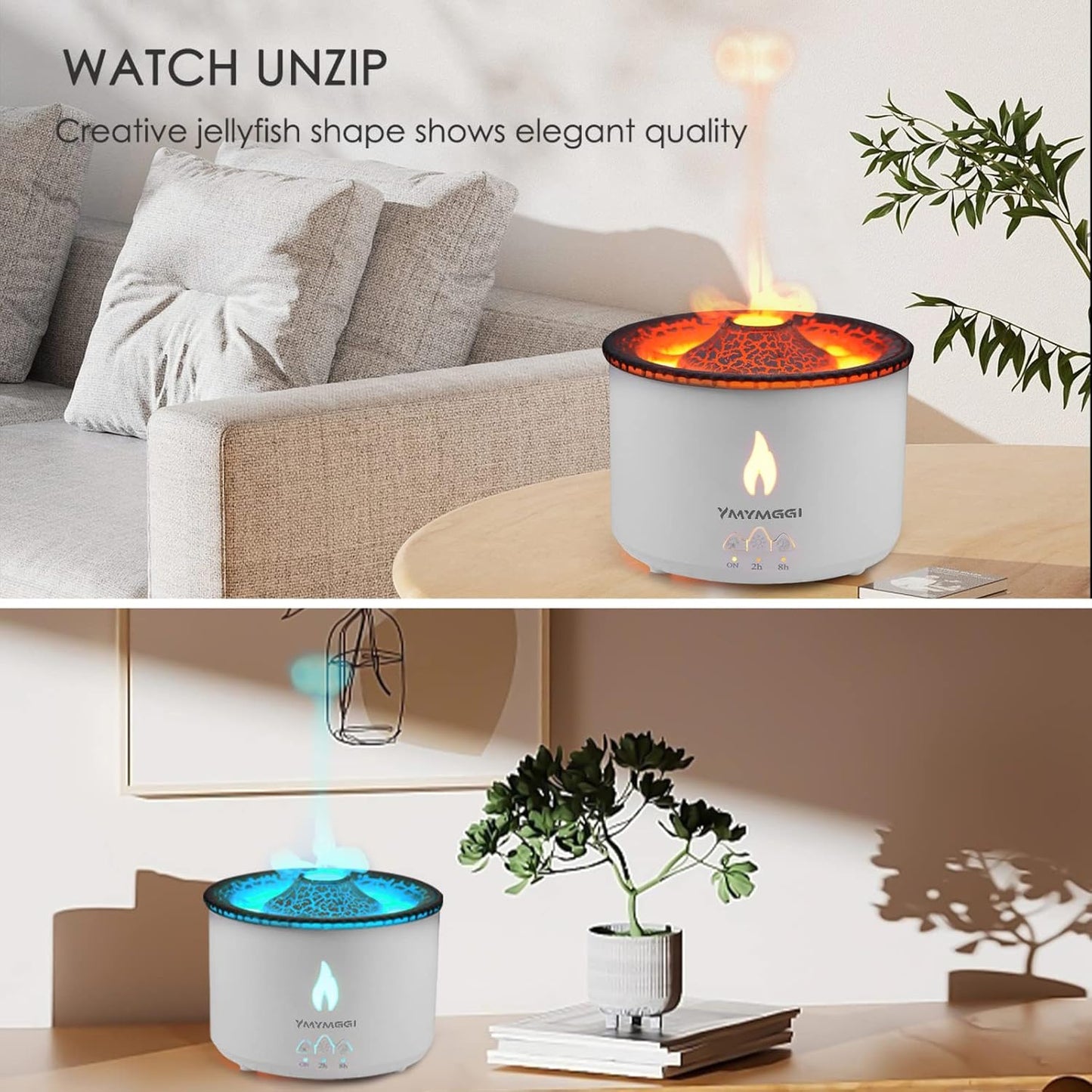 Volcano Diffuser Aromatherapy Oil Humidifier 2 Mist Mode Flame Humidifier,360ML Timer and Waterless Auto-Off Double Color with Remote Control for Home Office