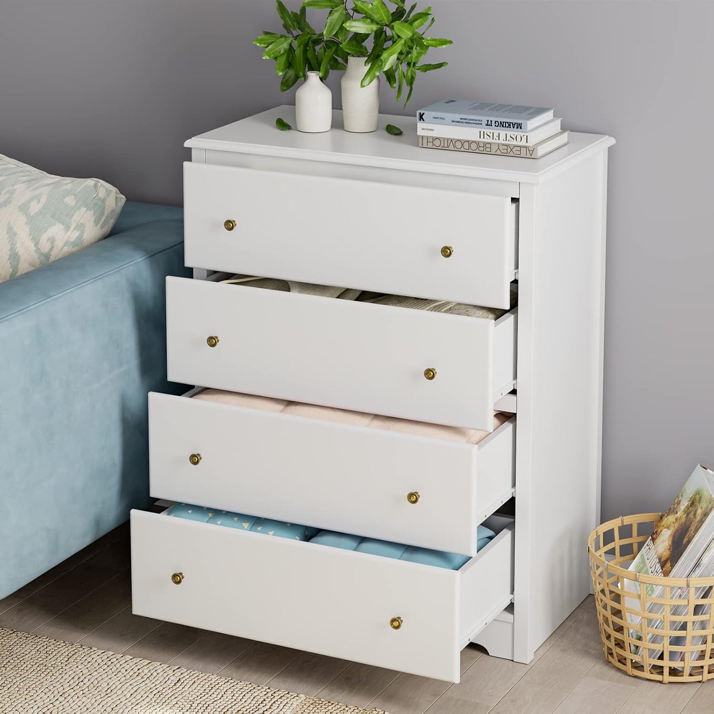HOCSOK Chest of Drawers, Bedside Table with 4 Drawers, Multi-purpose Modern Design Wooden Cabinet for Bedroom, Hallway, Living Room, White, 74 x 40 x 94 cm