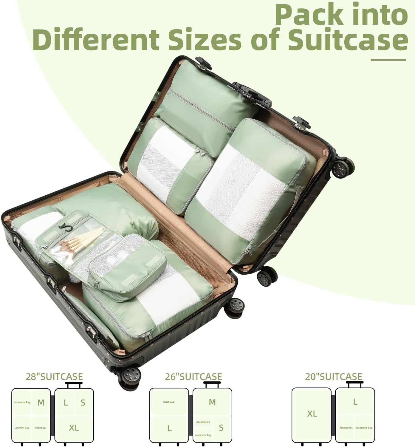 BAGAIL 8 Set Packing Cubes Various Sizes Packing Organizer for Travel Accessories Luggage Carry On Suitcase-Matcha Green