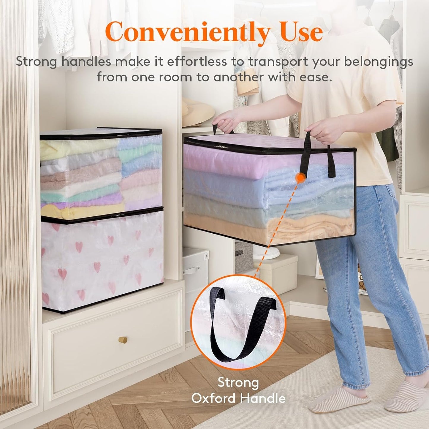 Lifewit 6 Pack Plastic Clothes Storage Bags, 60L Foldable Storage Containers Closet Organizers and Storage Moving Bags with Sturdy Zipper Lids Reinforced Handle for Bedding, Blanket, Comforter