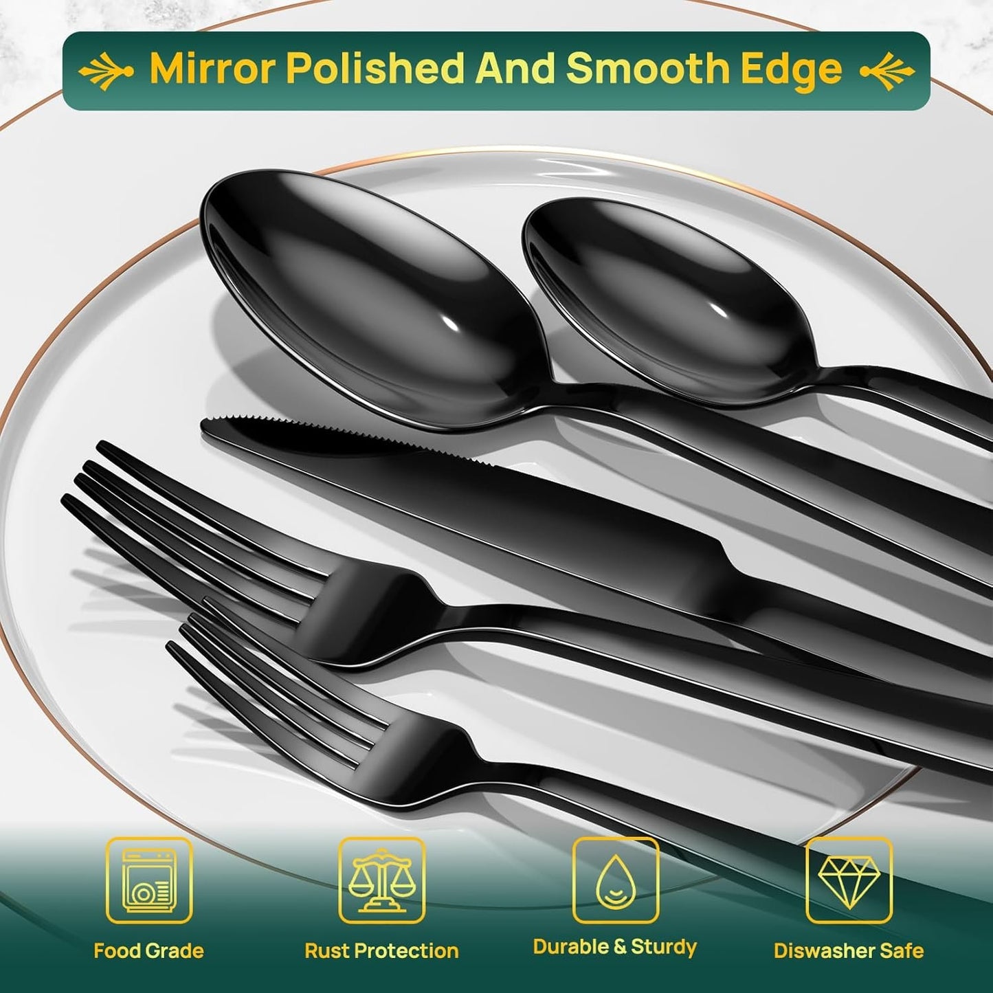 Yoehka 40 Pieces Black Silverware Set, Premium Stainless Steel Flatware Set for 8, Mirror Polished Tableware Cutlery Set for Home & Restaurant, Utensil Set Include Knife/Spoon and Fork, Dishwasher