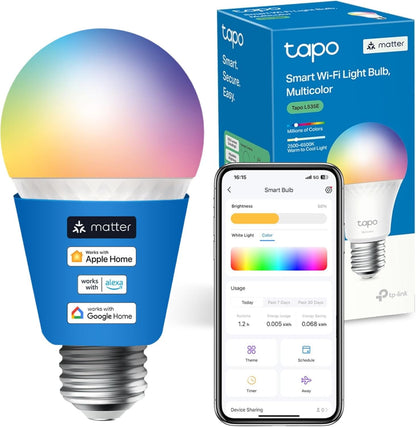 Tapo L535E E27 Smart Bulb, Alexa Light Bulb, Extra Bright WiFi Smart Light Bulb, Matter-Certified, Multicolour, 8.6W (75W), Schedule & Timer, Away Mode, Energy Monitoring, Works with Alexa and Google