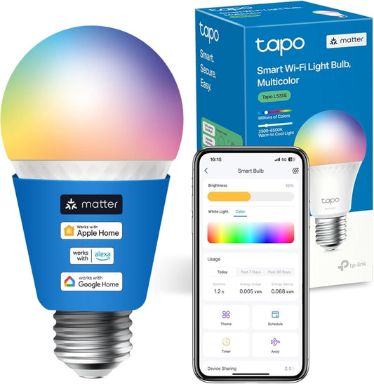Tapo L535E E27 Smart Bulb, Alexa Light Bulb, Extra Bright WiFi Smart Light Bulb, Matter-Certified, Multicolour, 8.6W (75W), Schedule & Timer, Away Mode, Energy Monitoring, Works with Alexa and Google