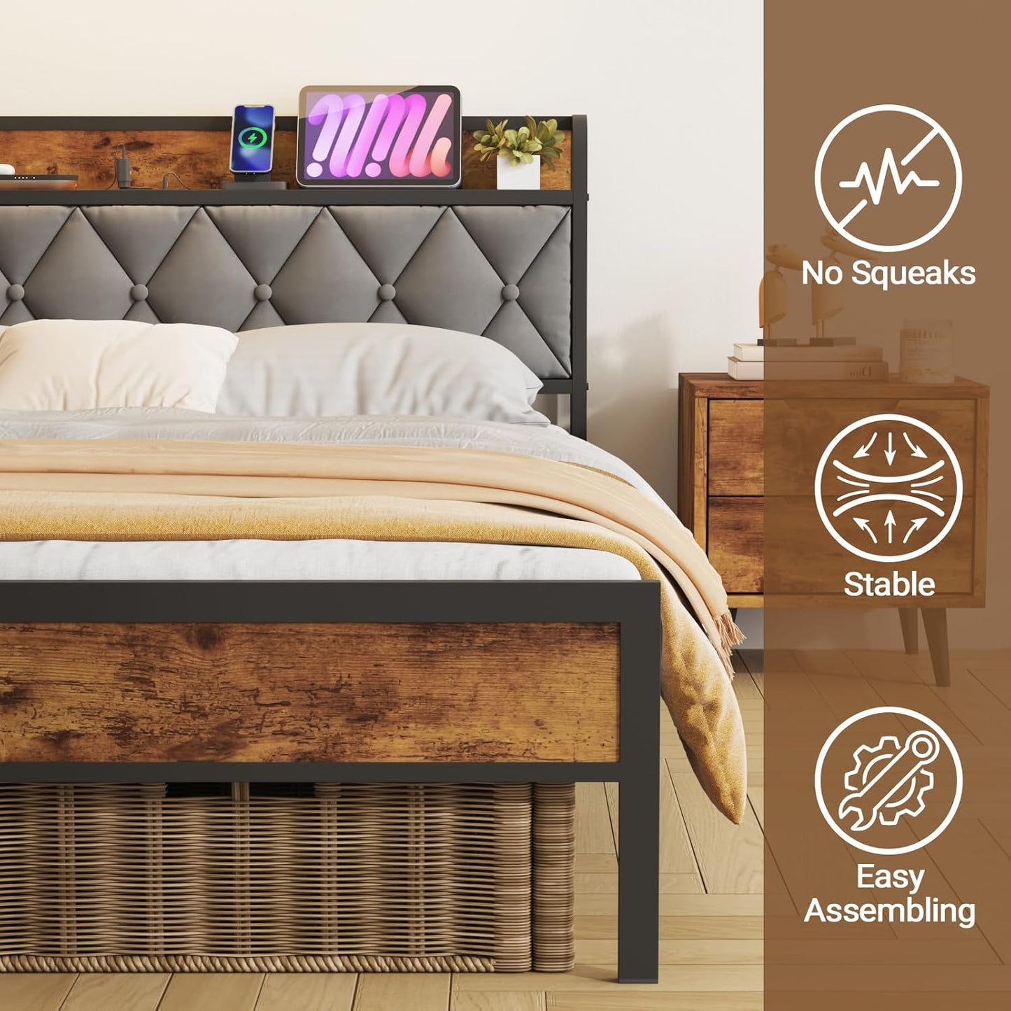 ADVWIN Double Size Bed Frame, Storage Tufted Headboard & Charging Station and USB Ports, Industrial Upholstered Platform Bed, No Box Spring Needed, Rustic Brown & Gray(Double)