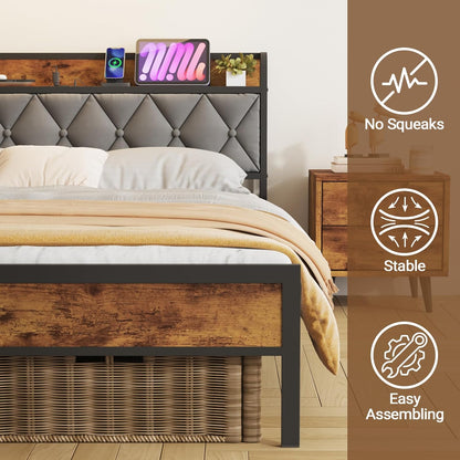 ADVWIN Double Size Bed Frame, Storage Tufted Headboard & Charging Station and USB Ports, Industrial Upholstered Platform Bed, No Box Spring Needed, Rustic Brown & Gray(Double)