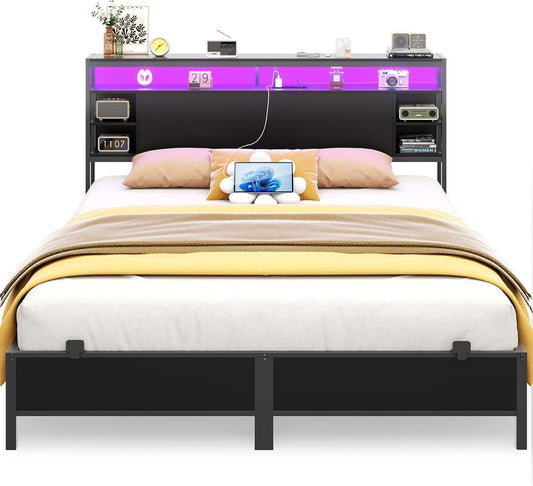 Cyclysio King Size Bed Frame with Headboard, Metal Bed Frames with Charging Station and Led Lights, Sturdy Platform Bed Frame, Steel Slat Support, No Box Spring Needed, Noise Free, Black