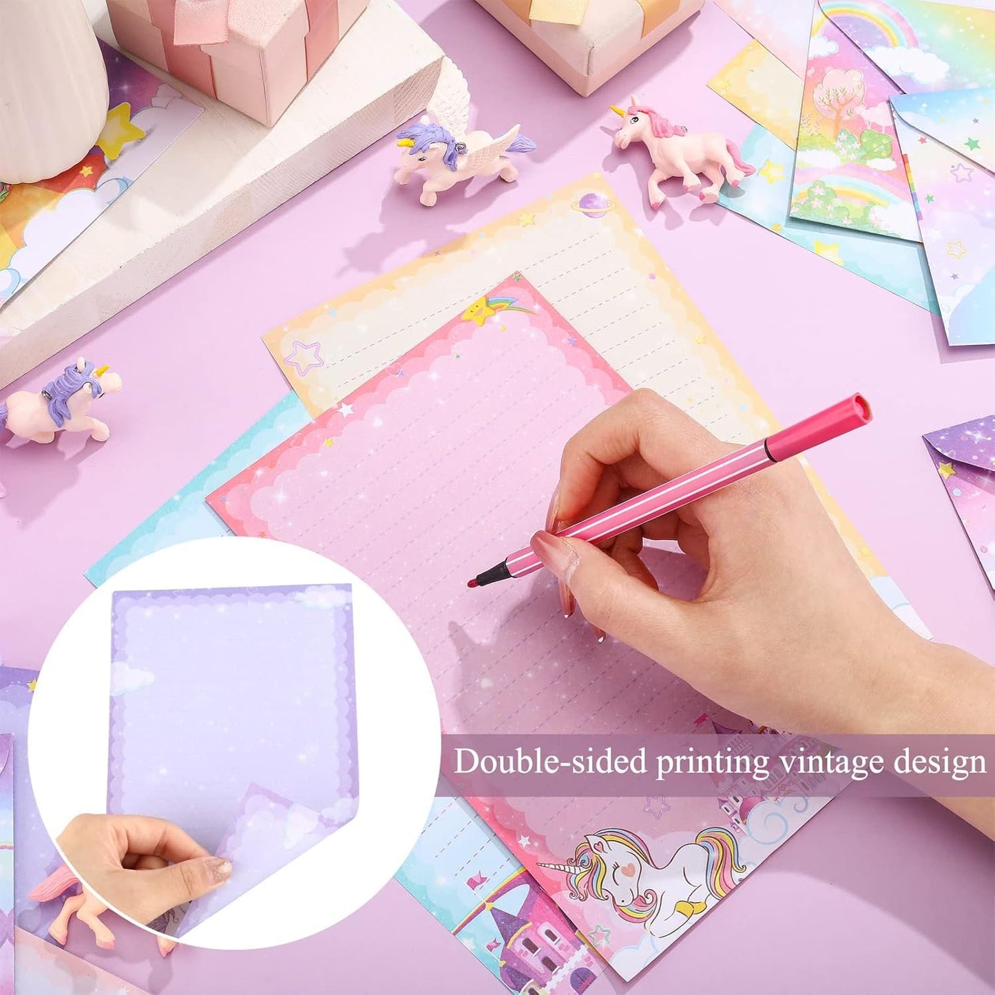 TaoBary 160 Packs Mini Rainbow Unicorn Stationery Paper Set 50 Double Sided Stationery Writing Papers Matching Envelopes and 60 Unicorn Round Dot Stickers, 5.5 x 8.25 Inch, 10 Designs