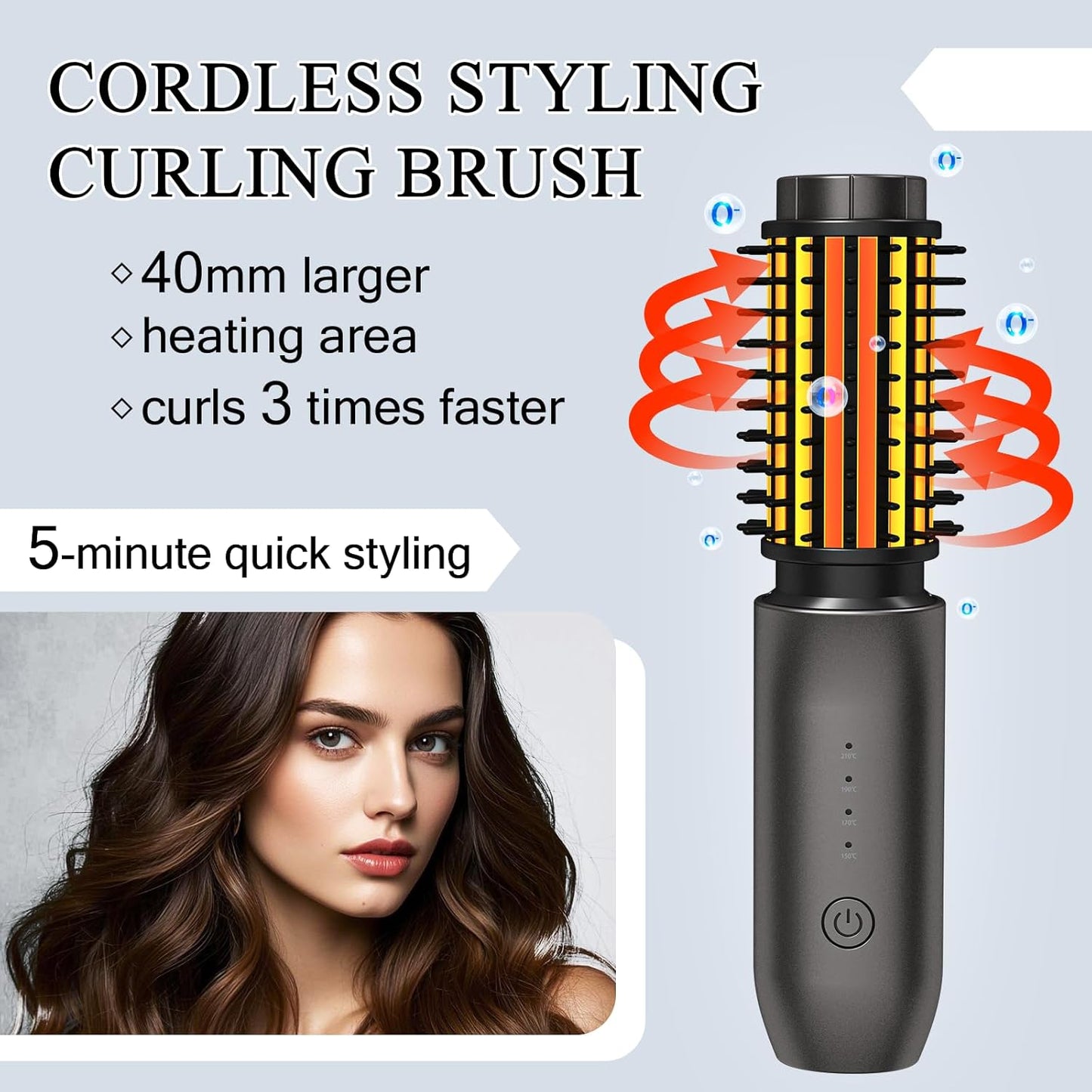 Portable Burling Iron Cordless - Cordless Hot Brush, Hair Curling Brush,4 Temperatures | Fast Heating, Anti-Scald, and Anti-Frizz, Crimper Hair Tool for Travel, Date, Work - Classic Black