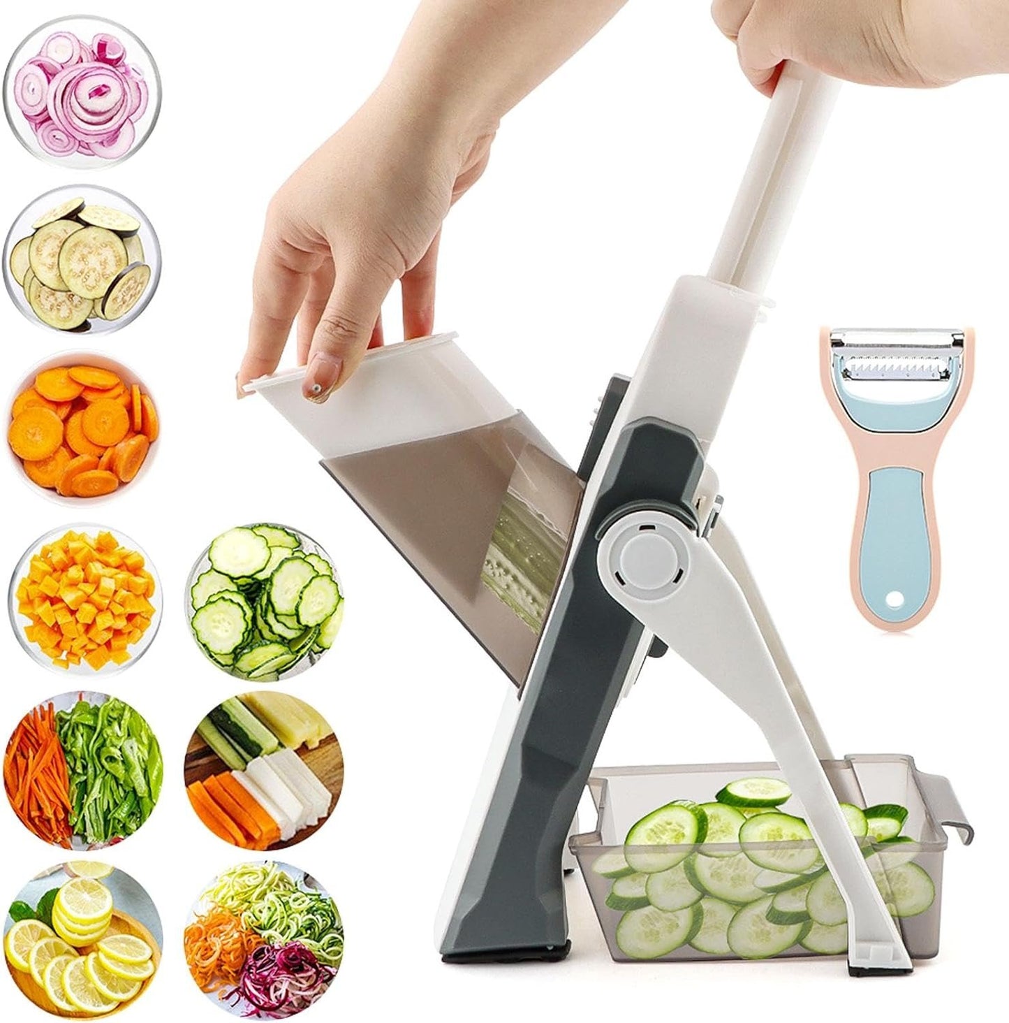 Kitchen Mandoline Slicer Set With Peeler Chopper for Fruit Vegetable Potato, Thickness-Adjustable Kitchen Tool for Fast Meal Prep(Grey+White)