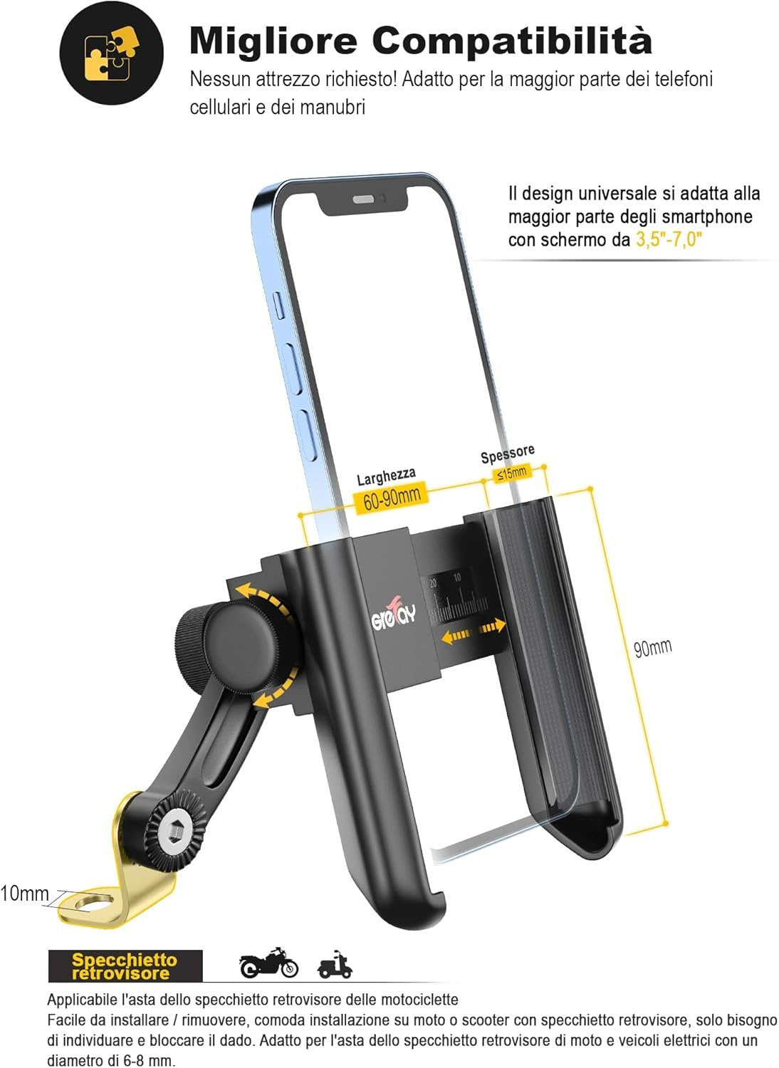 Grefay Motorcycle Phone Holder 1S Quick Release Mobile Phone Holder Anti Shake Mirror for 3.5-7.0 Inch Smartphone 360° Rotatable