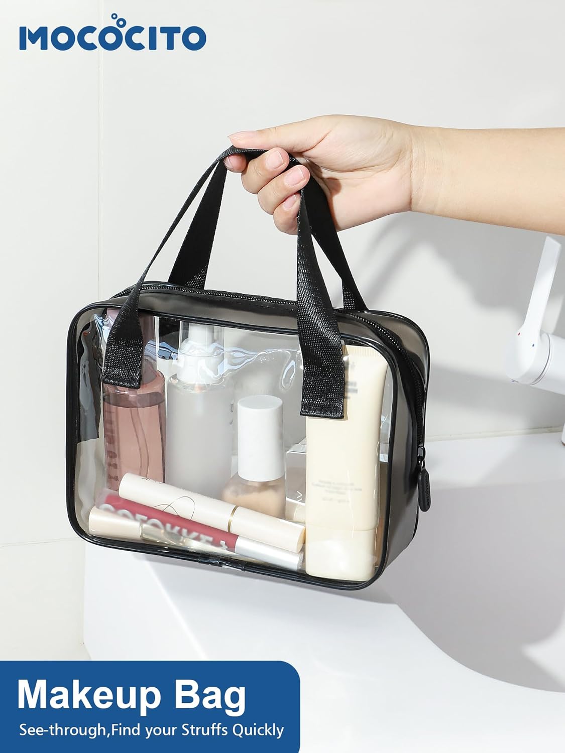 MOCOCITO Transparent Travel Cosmetic Case - Travel Bottles Set for Airplane 5 Pieces 100 ml Liquid Containers, Transparent, Toiletry Bag, for Cosmetics, Black, A
