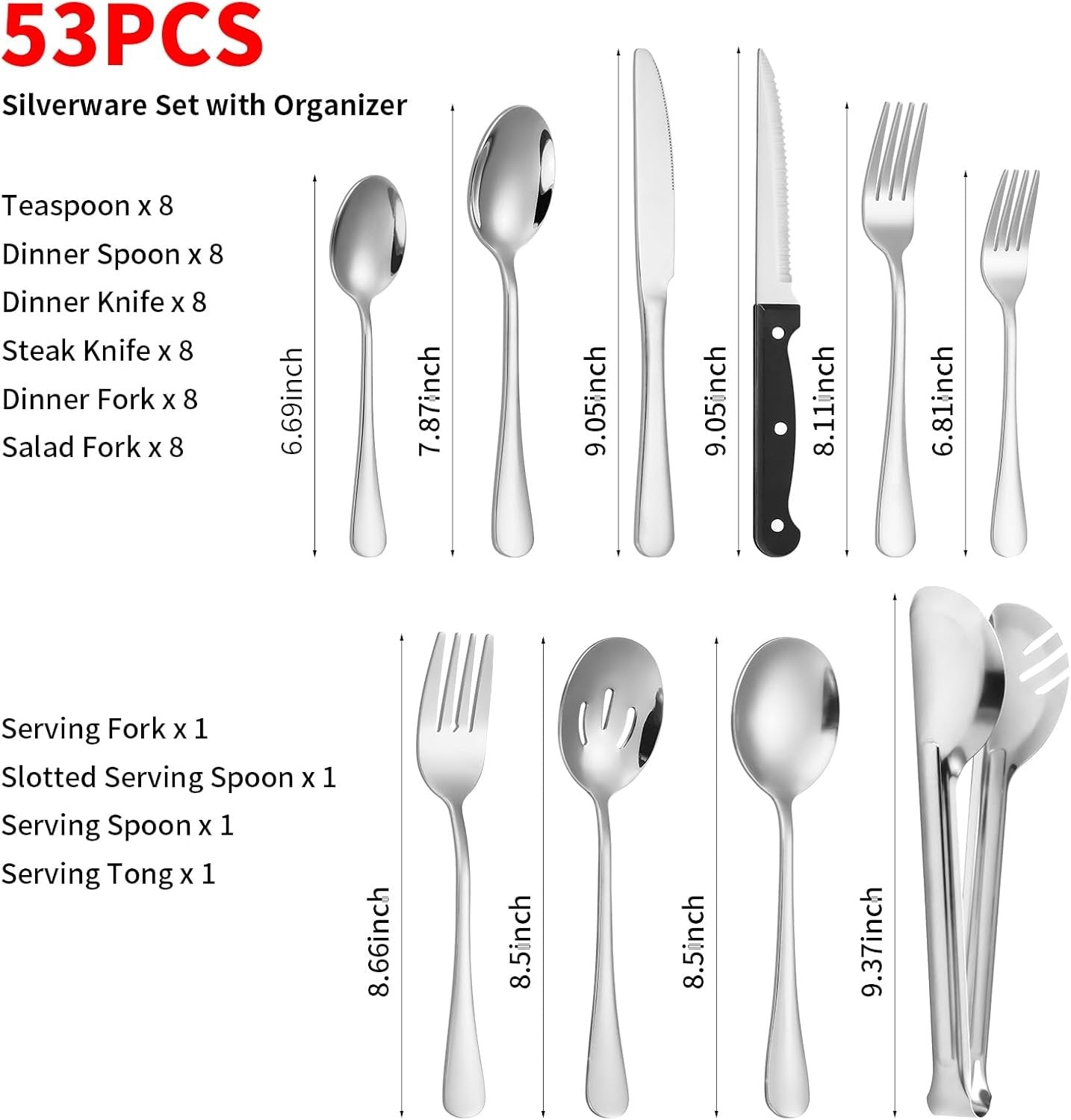 Silverware Set with Organizer, 53PCS Stainless Steel Flatware Set for 8 Steak Knives, Include Spoons and Forks Set & Serving Utensils, Mirror Polished, Dishwasher Safe, Silver