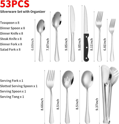 Silverware Set with Organizer, 53PCS Stainless Steel Flatware Set for 8 Steak Knives, Include Spoons and Forks Set & Serving Utensils, Mirror Polished, Dishwasher Safe, Silver