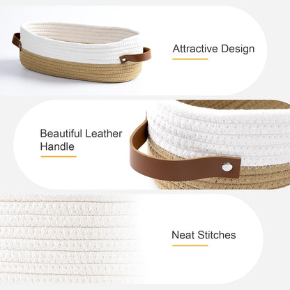 DIMJ Woven Rope Baskets Cotton - 4 Pack Toilet Paper Basket Small Nursery Storage Basket Set With Handles, Rectangle Cute Baskets for Gifts for Home Decor Organization Baby, Nursery,White and Brown