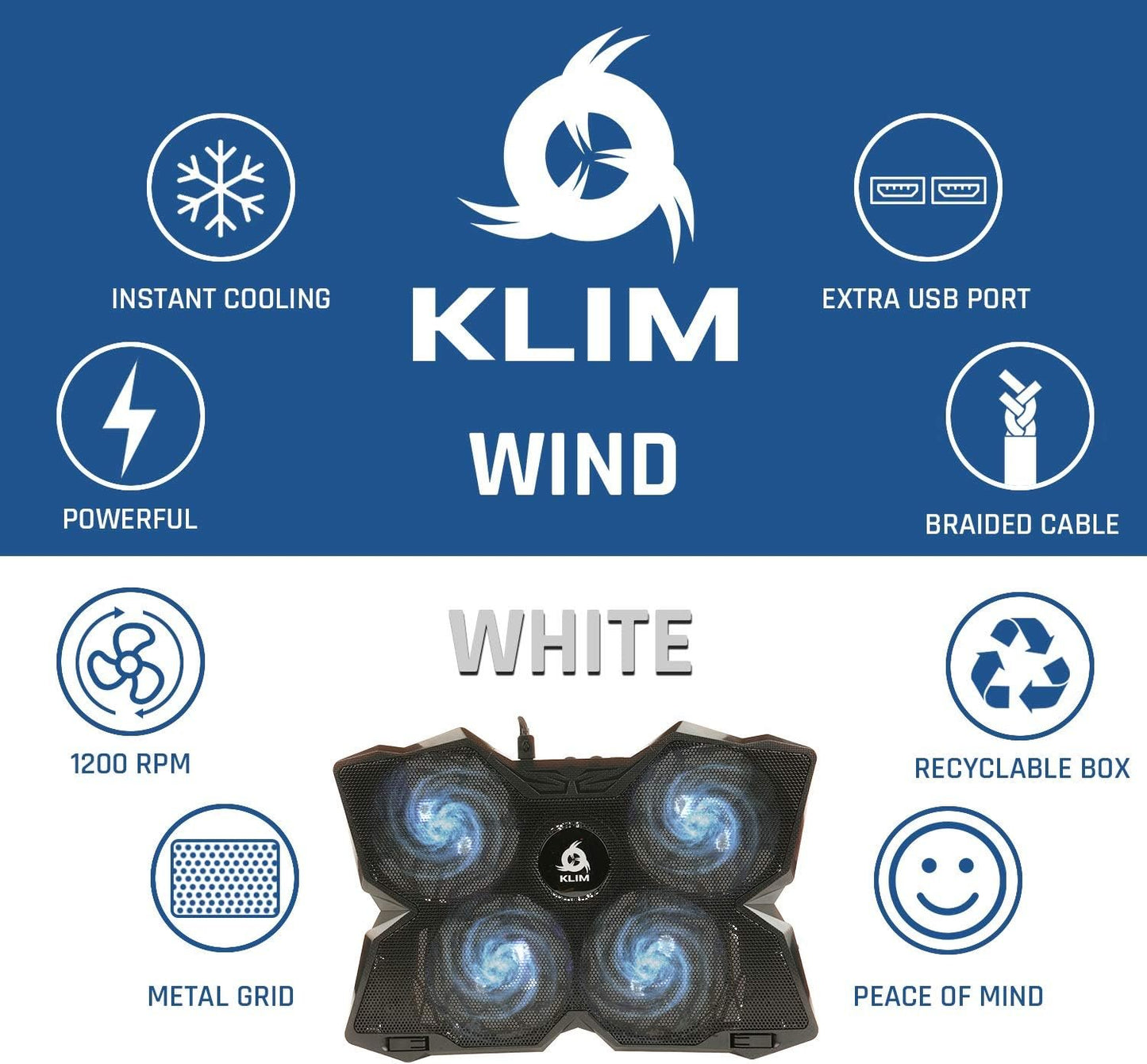 KLIM Wind Laptop Cooling Pad - More Than 500 000 Units Sold - New Version - The Most Powerful Rapid Action Cooling Fan - Laptop Stand with 4 Cooling Fans at 1200 RPM - USB Fan - PS5 PS4 - White