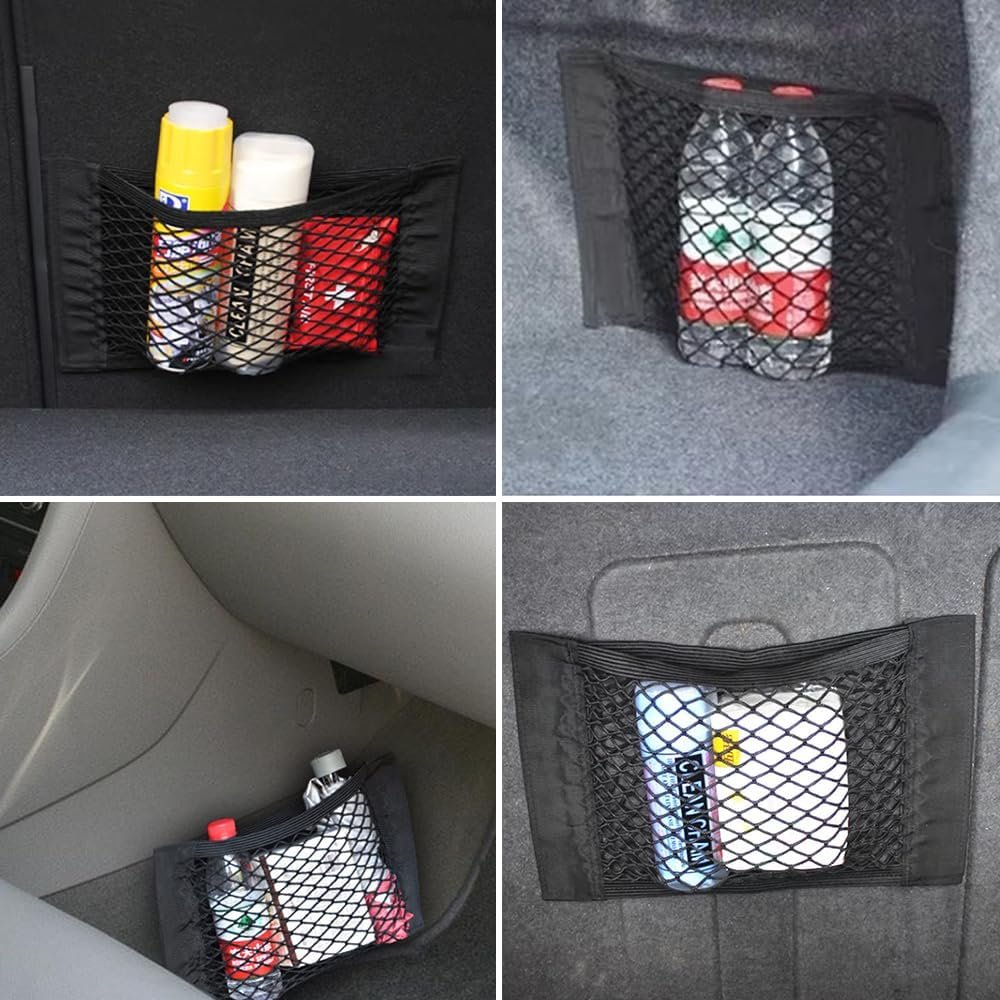 TOMVAES 4 Pack Car Trunk Net Mesh Auto Cargo Storage Organizer Small Elastic Netting Pocket Wall Sticker Add on Pouch Bag for SUV, Truck, RV,25x30cm