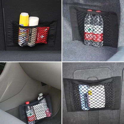 TOMVAES 4 Pack Car Trunk Net Mesh Auto Cargo Storage Organizer Small Elastic Netting Pocket Wall Sticker Add on Pouch Bag for SUV, Truck, RV,25x30cm