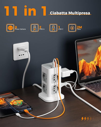 TESSAN Girgio Power Strip with USB 20 W, Electric Power Strip with 8 IT 16A Sockets, Overvoltage Protection Power Strip with Switch and 2 Metres Electrical Extension, 3680 W Socket, Girgio