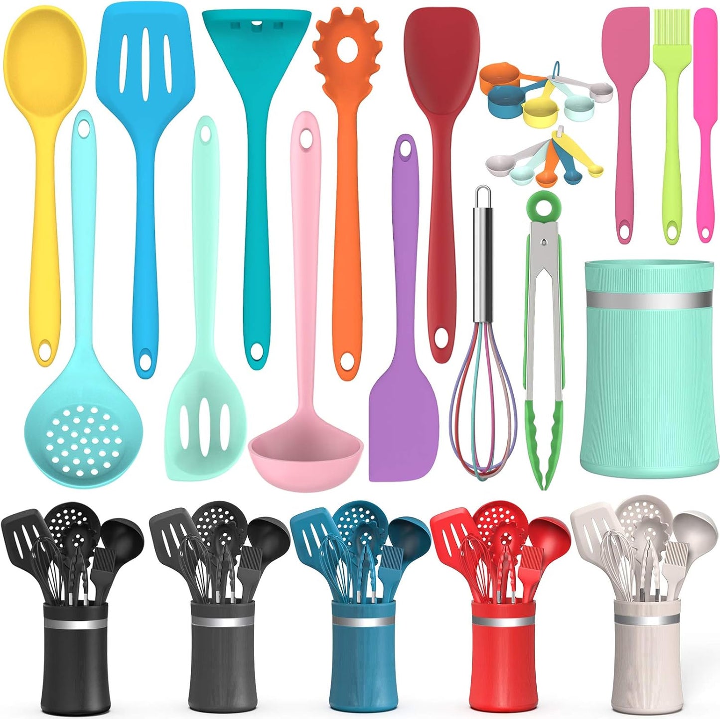 AIKKIL Silicone Cooking Utensil Kitchen Utensil Set, 24 Pcs Non-stick Cooking Utensils Spatula Set with Holder by , Heat Resistant Kitchen Gadgets Tools Set for Cookware(Colorful)
