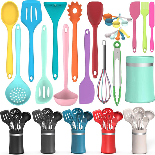 AIKKIL Silicone Cooking Utensil Kitchen Utensil Set, 24 Pcs Non-stick Cooking Utensils Spatula Set with Holder by , Heat Resistant Kitchen Gadgets Tools Set for Cookware(Colorful)