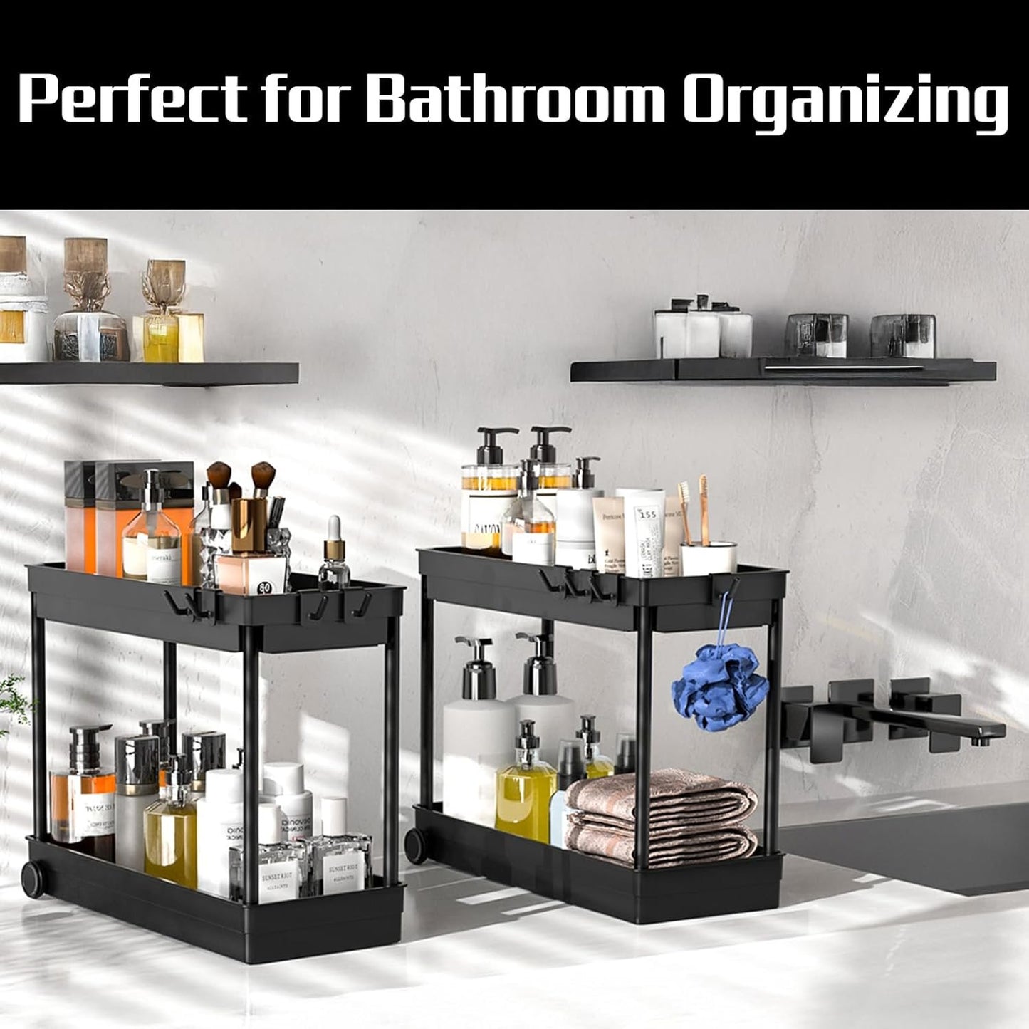 Cicilyna 2 Pack Under Sink Organizer, 2 Tier Bathroom Cabinet Organizers and Storage with Hook, Multi-purpose Storage Basket Shelf for Kitchen, Black