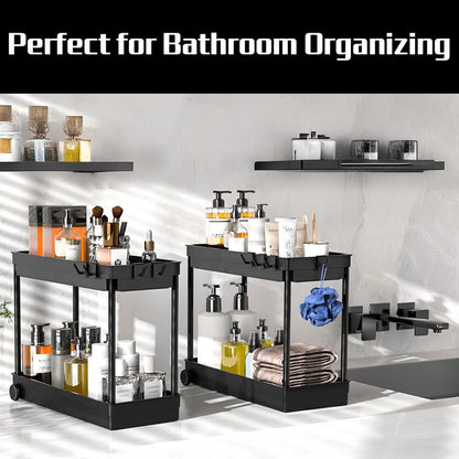 Cicilyna 2 Pack Under Sink Organizer, 2 Tier Bathroom Cabinet Organizers and Storage with Hook, Multi-purpose Storage Basket Shelf for Kitchen, Black