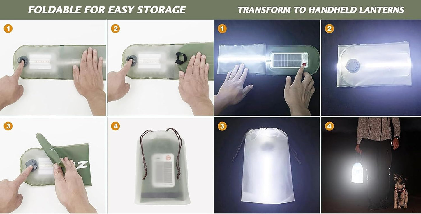 Inflatable Solar Tube Lantern – Solar and USB Rechargeable, 4 Lighting Modes, IP66 Waterproof Light Bar with Power Bank, Portable Tent Light for Outdoor Camping, Hiking and Emergency Use Indoor
