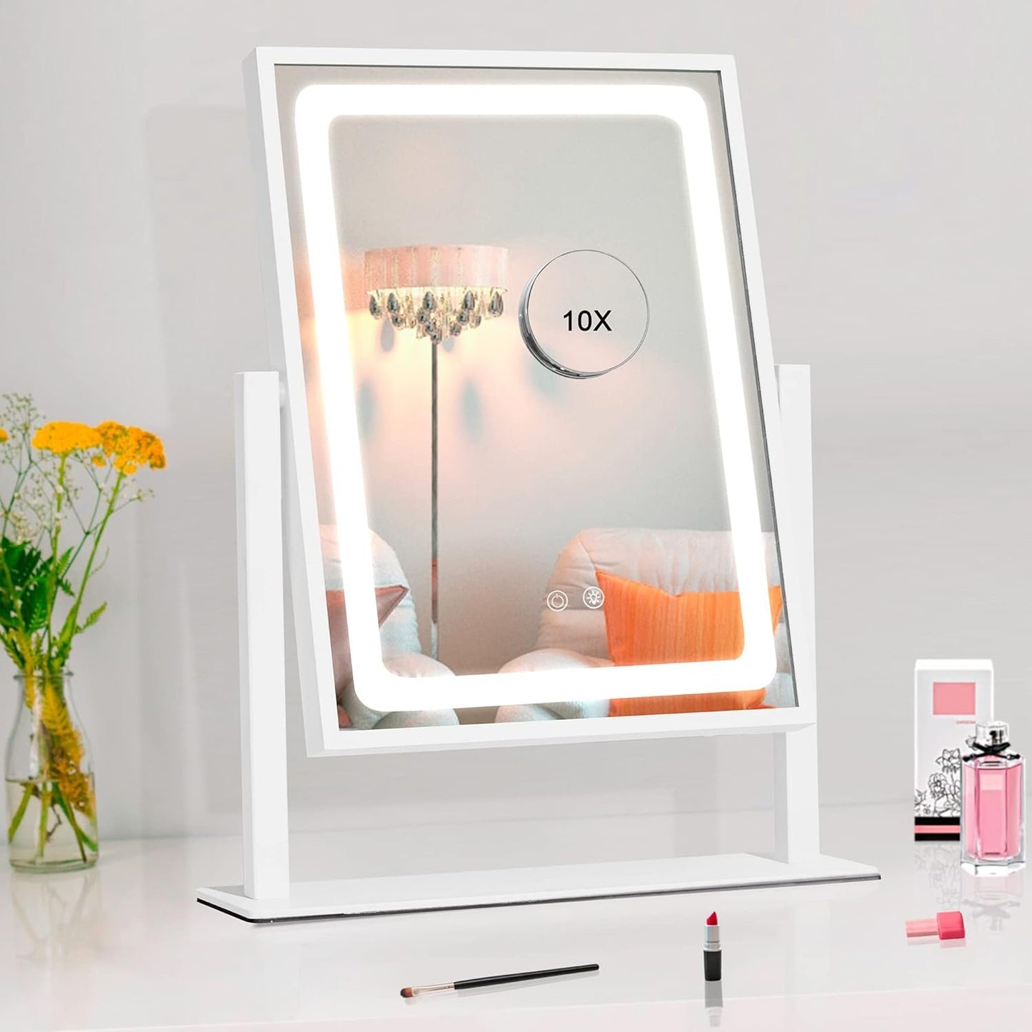 IBRIGHTSO Vanity Mirror with Lights, Lighted Hollywood Makeup Mirror, Touch Dimmable 3 Color Lights, Detachable 10X Magnification Mirror, 360° Rotation(12inches, White)