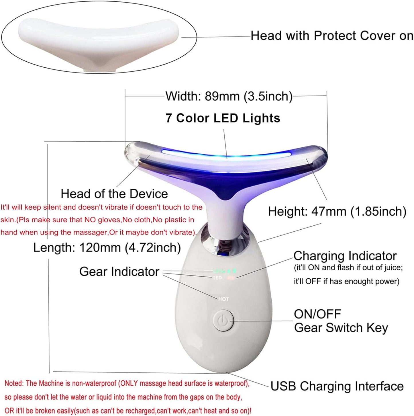 Anti-Wrinkle Neck Face Massager With 7 LED Colors,Facial Sculpting Tool,Skin Rejuvenation Device with Thermal,Triple Action LED and Vibration,for Anti-Aging,Lifting and Tightening