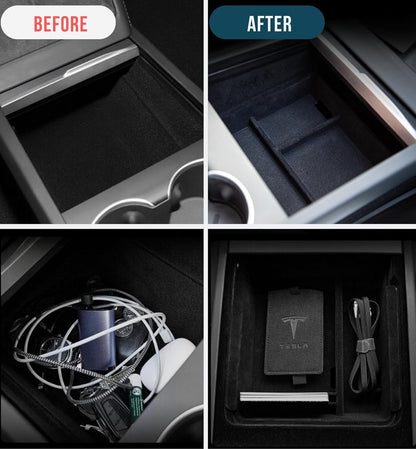 STARFLY Upgraded Center Console Organizer Tray for 2024 Refreshed Tesla Model 3 Highland Flocked Armrest Drawer Storage Box Interior Accessories