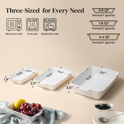 DOWAN Casserole Dishes for Oven, Baking Dishes Set, Ceramic Bakeware Sets of 3, Lasagna Pan Deep, Rectangular Baking Pan Set with Handles for Baking, Casserole, Kitchen, Wedding Gift, White