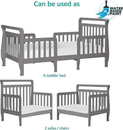 Dream On Me Emma 3-In-1 Convertible Toddler Bed In Storm Grey, Non-Toxic Finish, JPMA Certified, 4 Wooden Safety Rails, Made Of Durable New Zealand Pinewood
